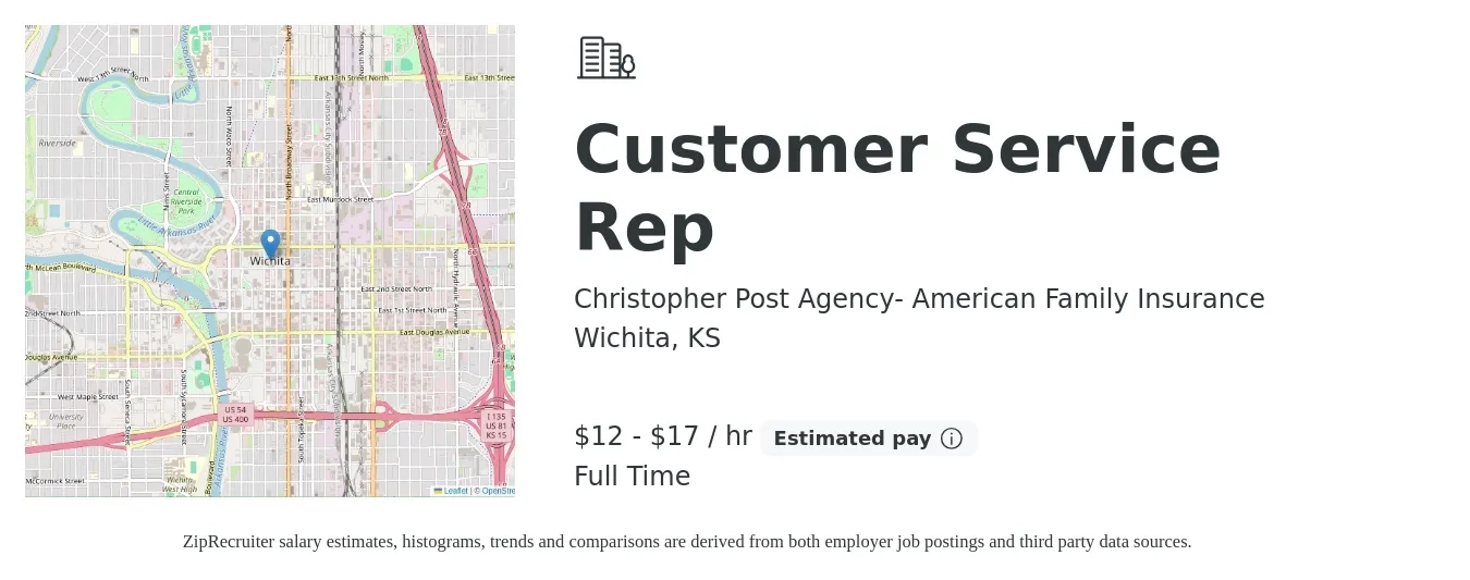 Christopher Post Agency- American Family Insurance job posting for a Customer Service Rep in Wichita, KS with a salary of $13 to $18 Hourly with a map of Wichita location.