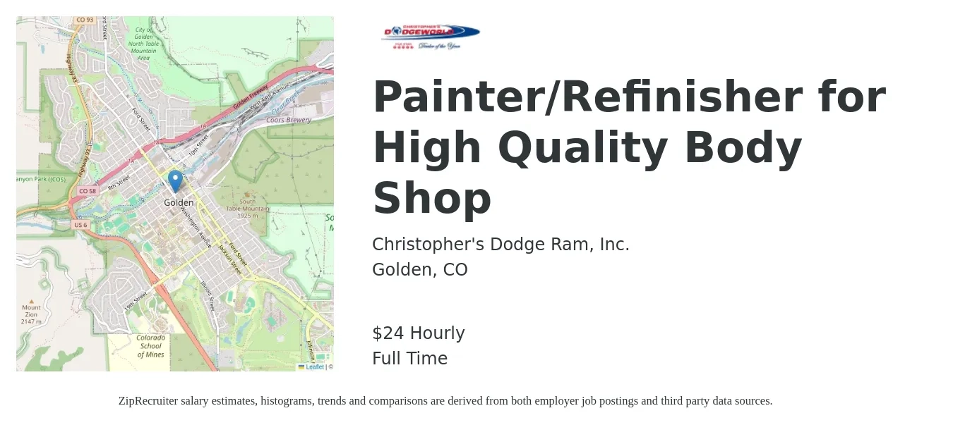 Christopher's Dodge Ram, Inc. job posting for a Painter/Refinisher for High Quality Body Shop in Golden, CO with a salary of $25 Hourly with a map of Golden location.