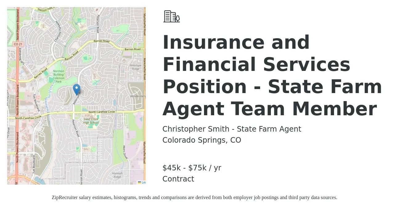 Christopher Smith - State Farm Agent job posting for a Insurance and Financial Services Position - State Farm Agent Team Member in Colorado Springs, CO with a salary of $45,000 to $75,000 Yearly with a map of Colorado Springs location.