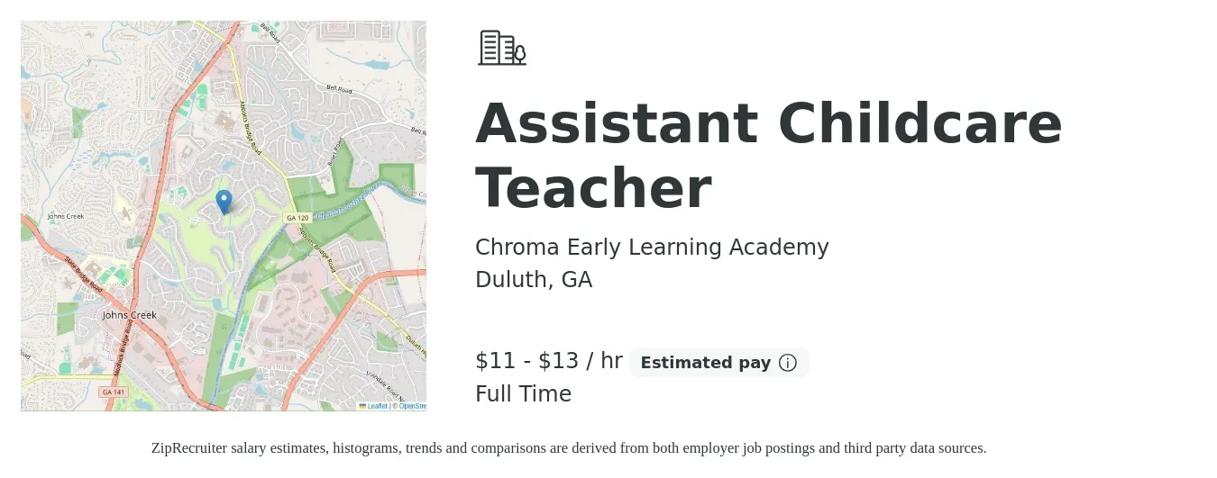 Chroma Early Learning Academy job posting for a Assistant Childcare Teacher in Duluth, GA with a salary of $12 to $14 Hourly with a map of Duluth location.