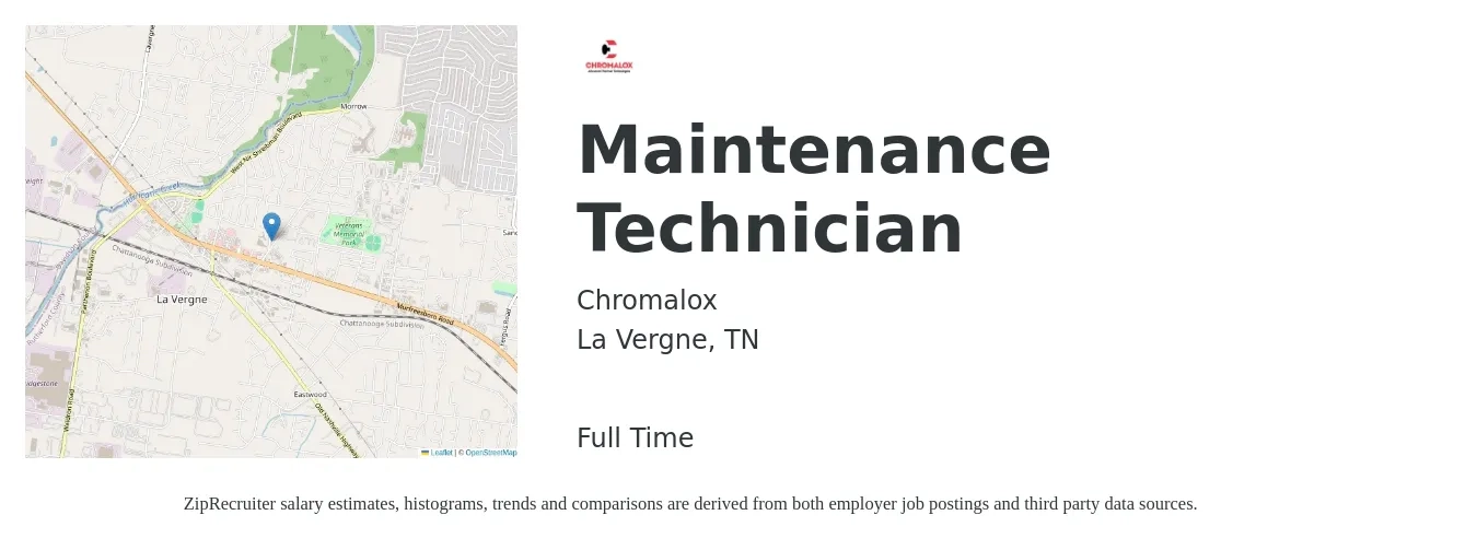 Chromalox job posting for a Maintenance Technician in La Vergne, TN with a salary of $18 to $26 Hourly with a map of La Vergne location.
