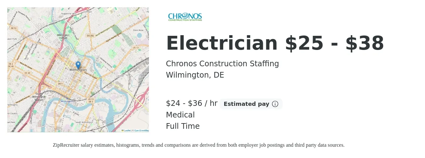Chronos Construction Staffing job posting for a Electrician $25 - $38 in Wilmington, DE with a salary of $25 to $38 Hourly and benefits including medical with a map of Wilmington location.