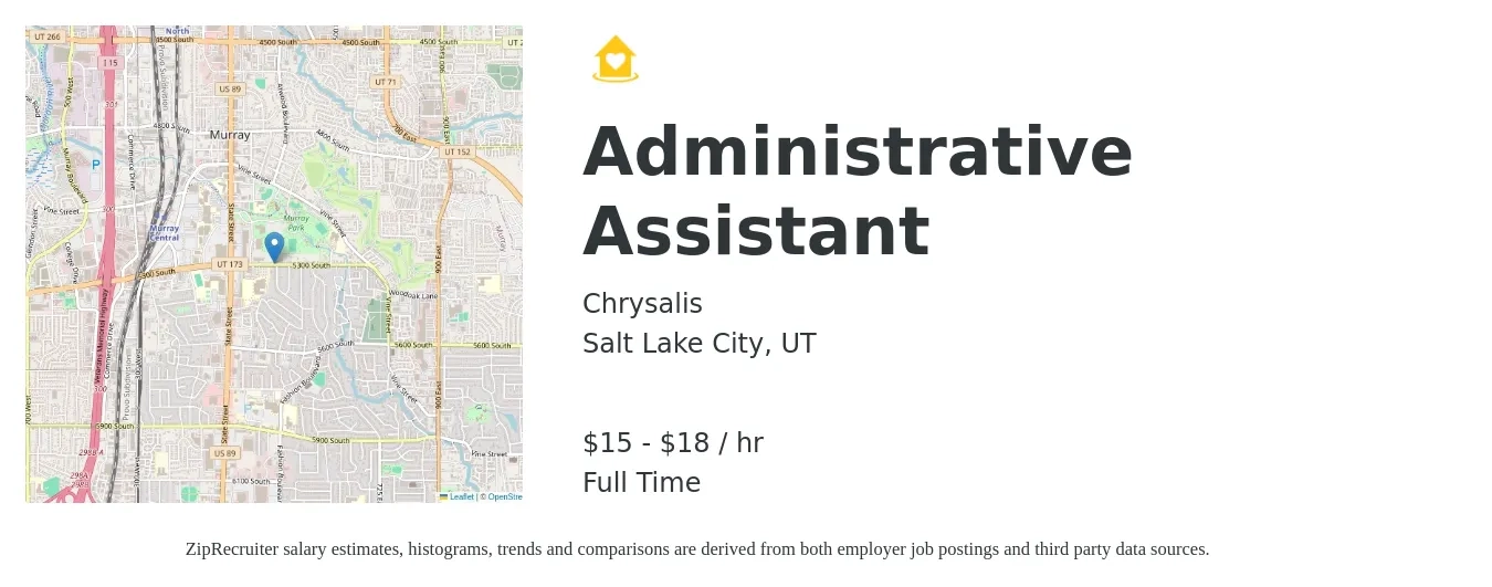 Chrysalis job posting for a Administrative Assistant in Salt Lake City, UT with a salary of $16 to $19 Hourly with a map of Salt Lake City location.