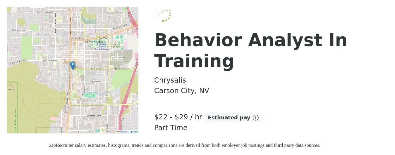 Chrysalis job posting for a Behavior Analyst In Training in Carson City, NV with a salary of $24 to $31 Hourly with a map of Carson City location.
