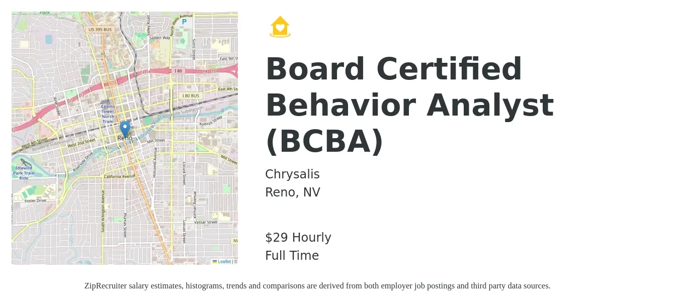 Chrysalis job posting for a Board Certified Behavior Analyst (BCBA) in Reno, NV with a salary of $31 to $38 Hourly with a map of Reno location.