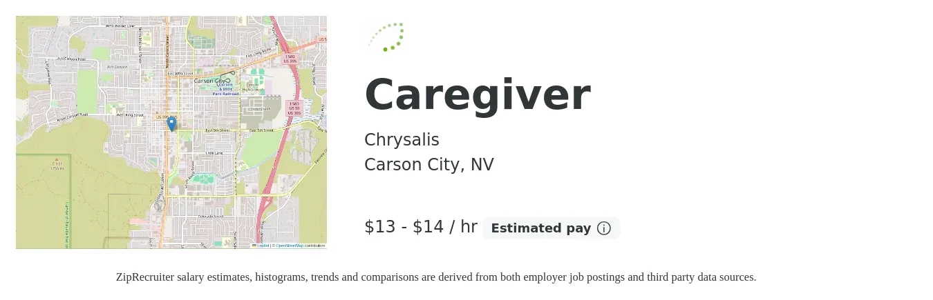 Chrysalis job posting for a Caregiver in Carson City, NV with a salary of $14 to $15 Hourly with a map of Carson City location.