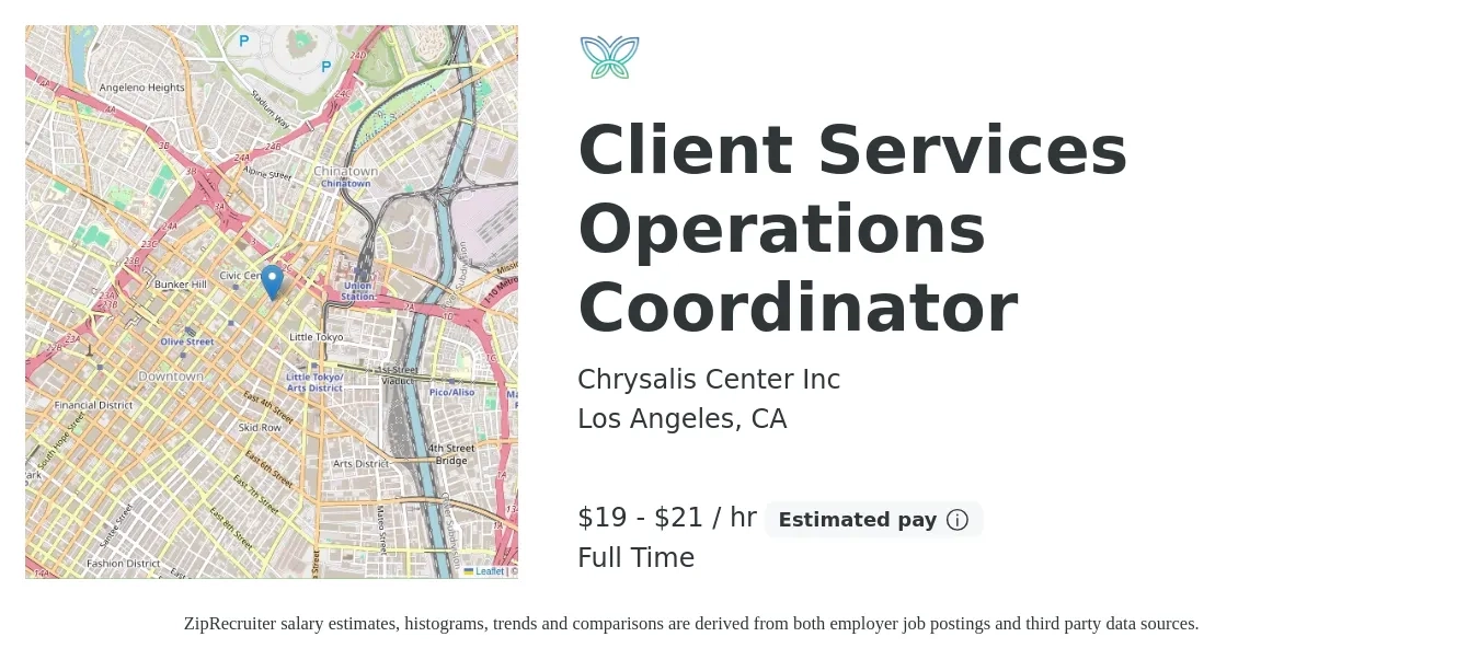Chrysalis Center Inc job posting for a Client Services Operations Coordinator in Los Angeles, CA with a salary of $20 to $22 Hourly with a map of Los Angeles location.