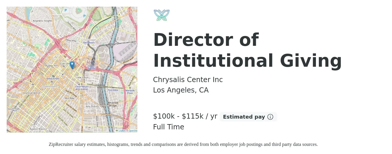 Chrysalis Center Inc job posting for a Director of Institutional Giving in Los Angeles, CA with a salary of $100,000 to $115,000 Yearly with a map of Los Angeles location.