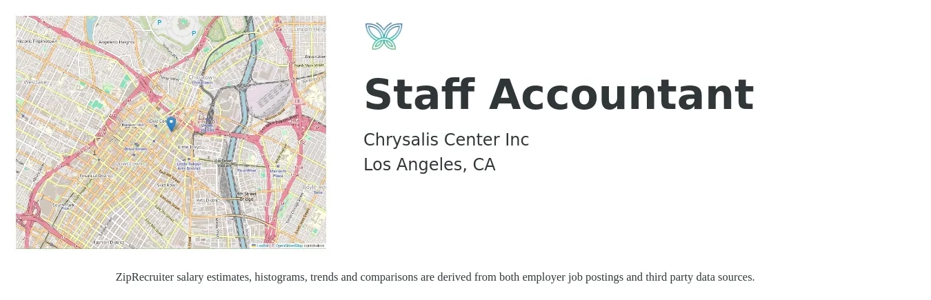 Chrysalis Center job posting for a Staff Accountant in Los Angeles, CA with a salary of $59,300 to $78,100 Yearly with a map of Los Angeles location.