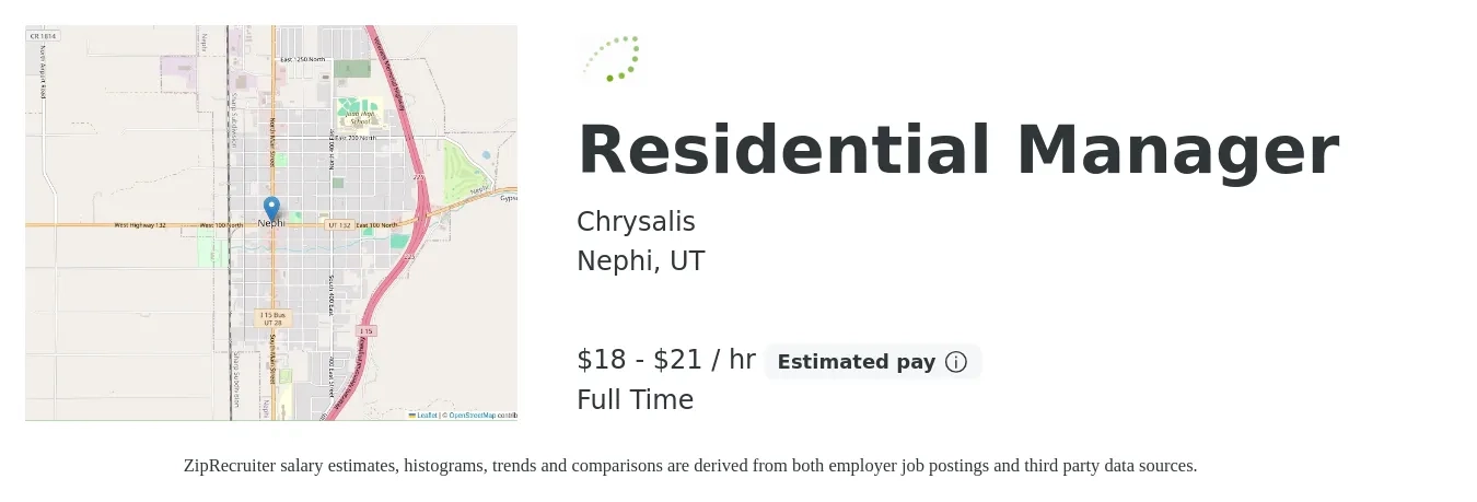 Chrysalis job posting for a Residential Manager in Nephi, UT with a salary of $20 to $22 Hourly with a map of Nephi location.