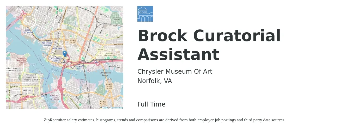 Chrysler Museum Of Art job posting for a Brock Curatorial Assistant in Norfolk, VA with a salary of $18 to $25 Hourly with a map of Norfolk location.