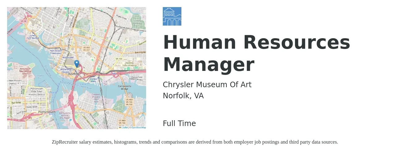 Chrysler Museum Of Art job posting for a Human Resources Manager in Norfolk, VA with a salary of $66,800 to $96,800 Yearly with a map of Norfolk location.
