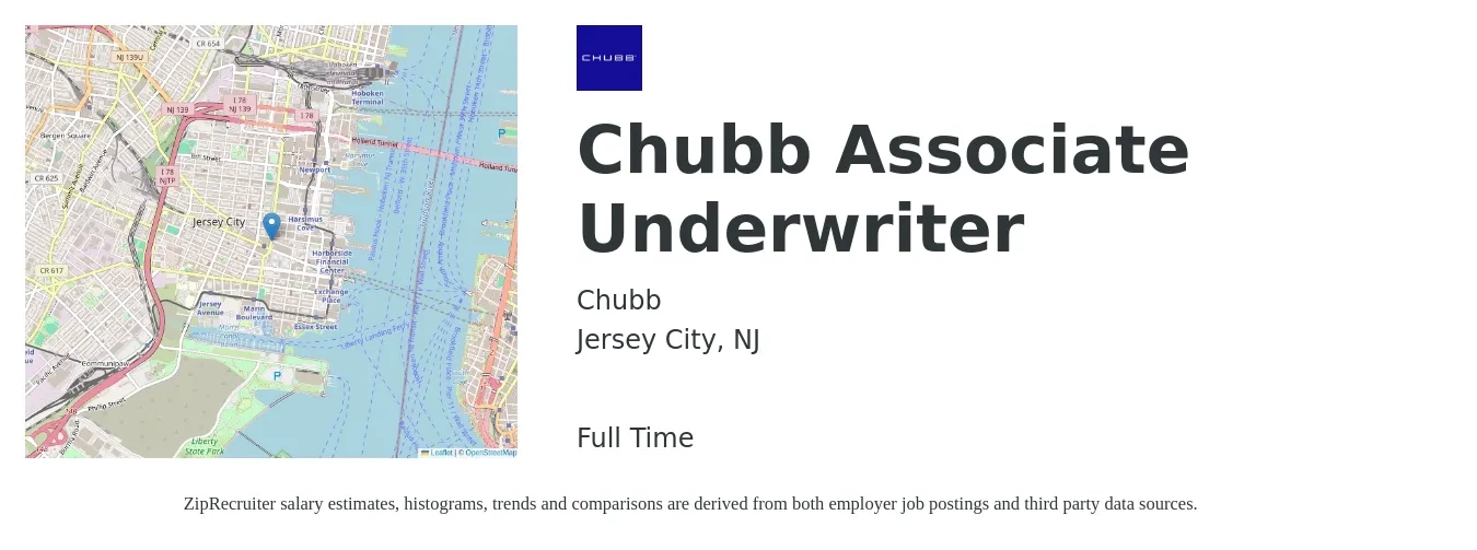 Chubb job posting for a Chubb Associate Underwriter in Jersey City, NJ with a salary of $63,500 to $90,600 Yearly with a map of Jersey City location.