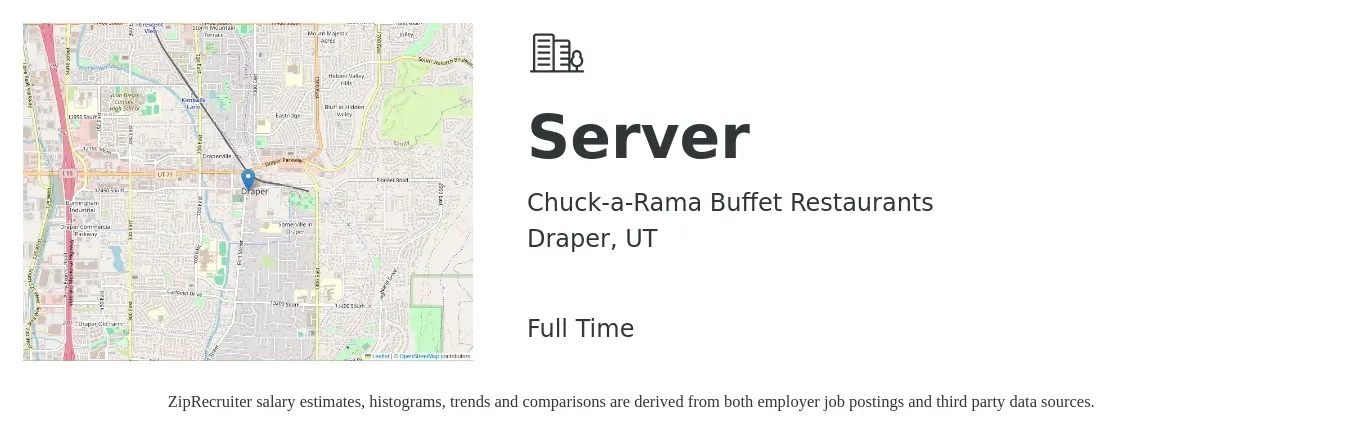Chuck-a-Rama Buffet Restaurants job posting for a Server in Draper, UT with a salary of $10 to $17 Hourly with a map of Draper location.