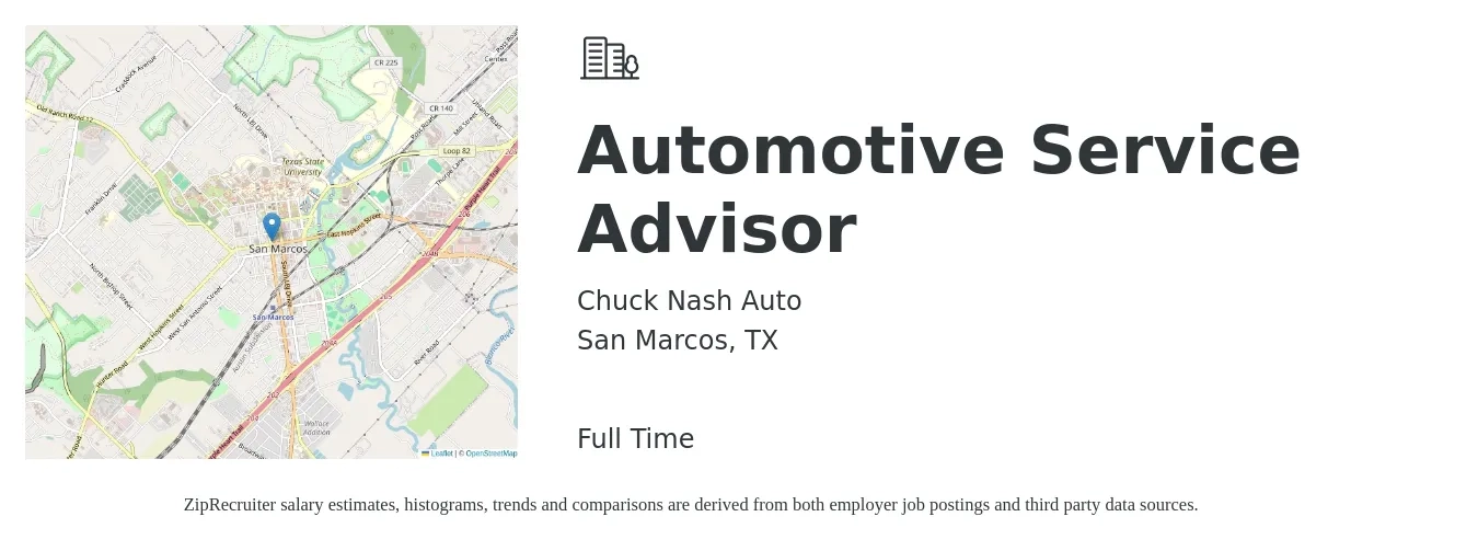 Chuck Nash Auto job posting for a Automotive Service Advisor in San Marcos, TX with a salary of $18 to $28 Hourly with a map of San Marcos location.
