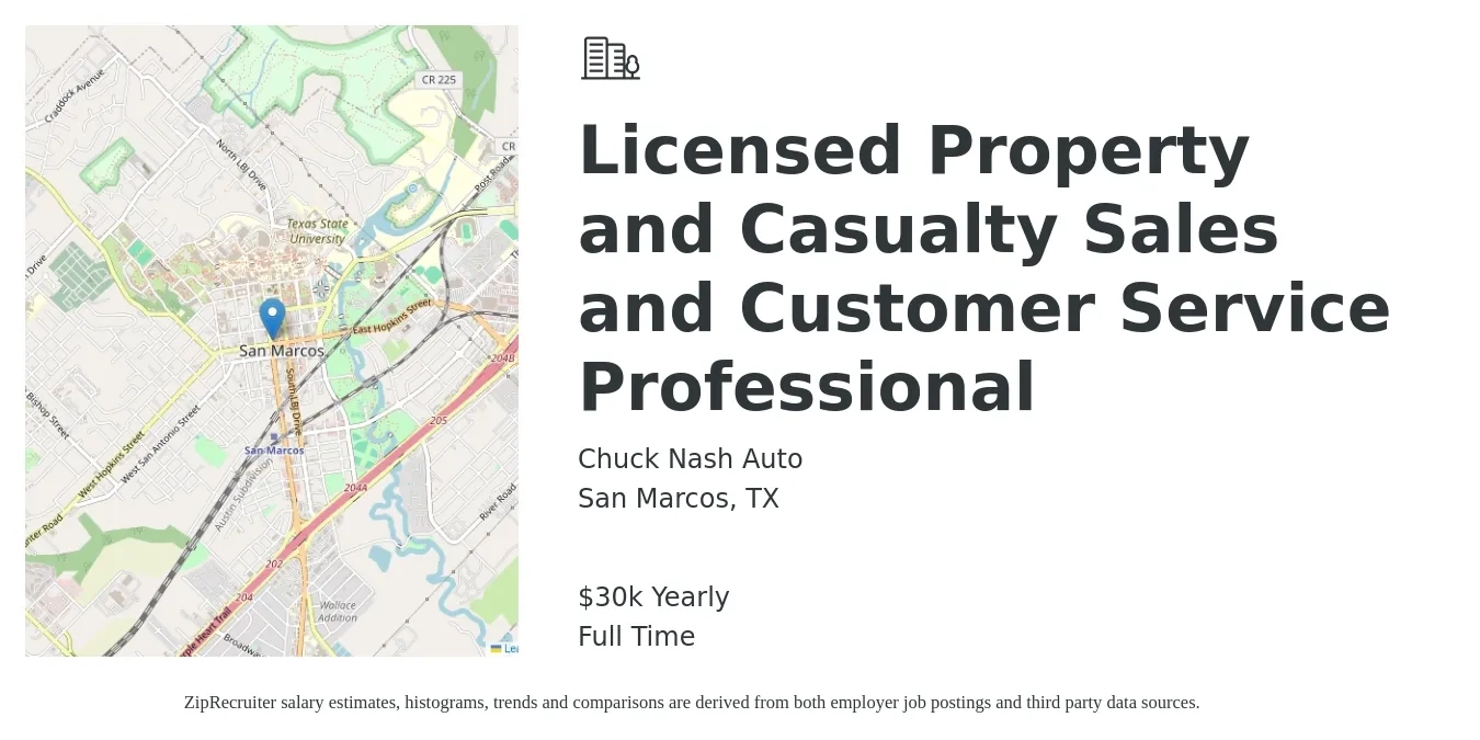 Chuck Nash Auto job posting for a Licensed Property and Casualty Sales and Customer Service Professional in San Marcos, TX with a salary of $30,000 Yearly with a map of San Marcos location.