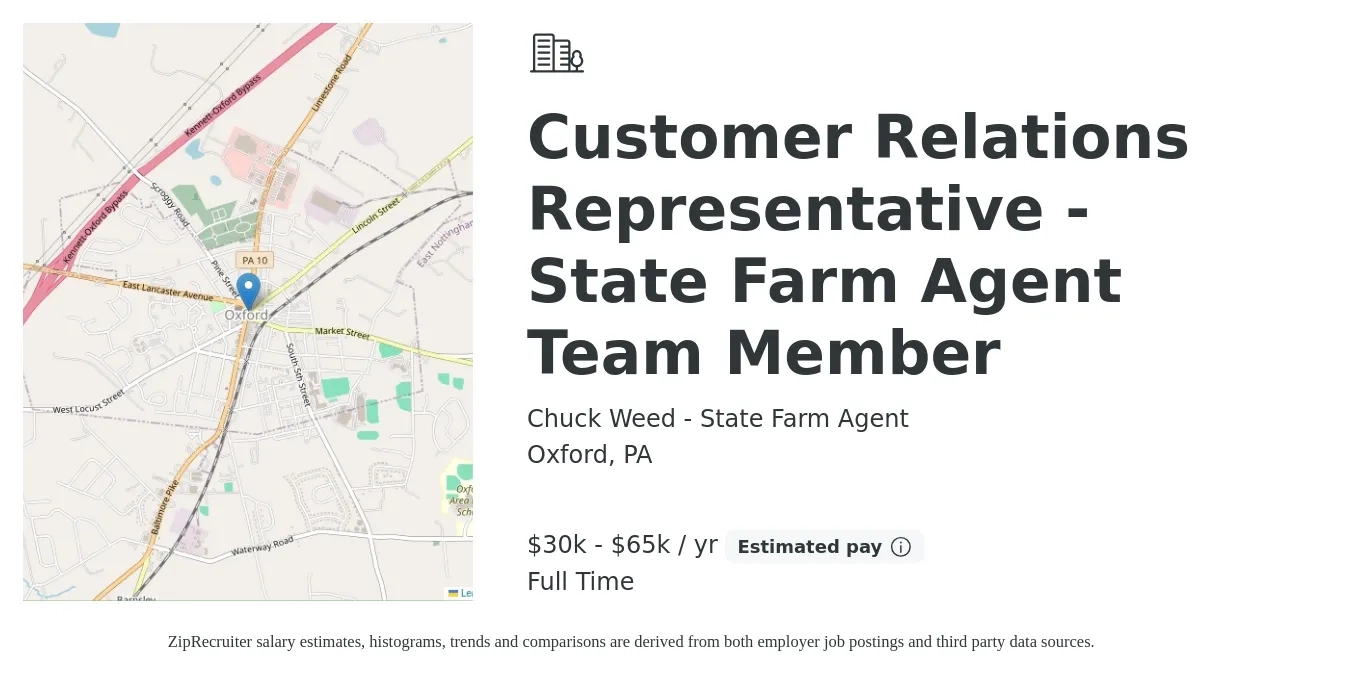 Chuck Weed - State Farm Agent job posting for a Customer Relations Representative - State Farm Agent Team Member in Oxford, PA with a salary of $30,000 to $65,000 Yearly with a map of Oxford location.