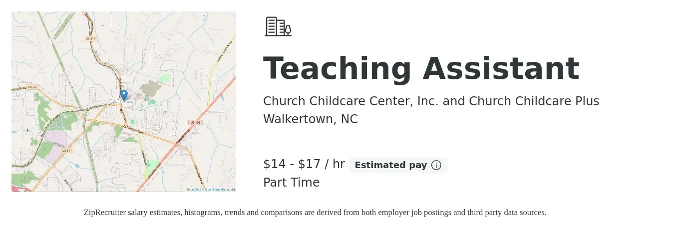 Church Childcare Center, Inc. and Church Childcare Plus job posting for a Teaching Assistant in Walkertown, NC with a salary of $15 to $18 Hourly with a map of Walkertown location.