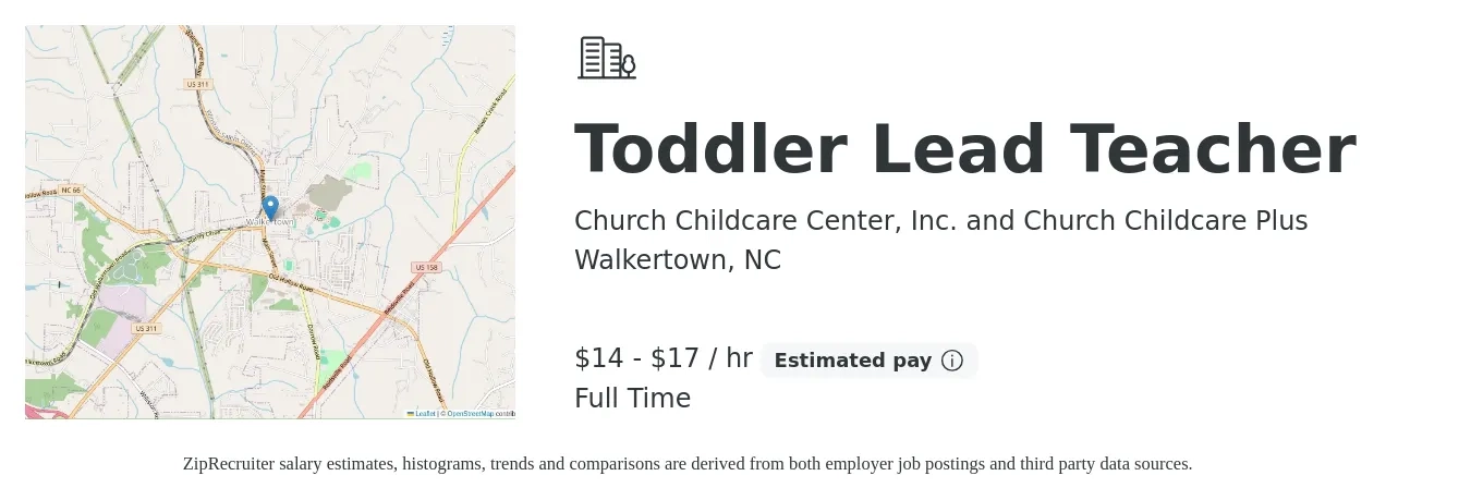 Church Childcare Center, Inc. and Church Childcare Plus job posting for a Toddler Lead Teacher in Walkertown, NC with a salary of $15 to $18 Hourly with a map of Walkertown location.