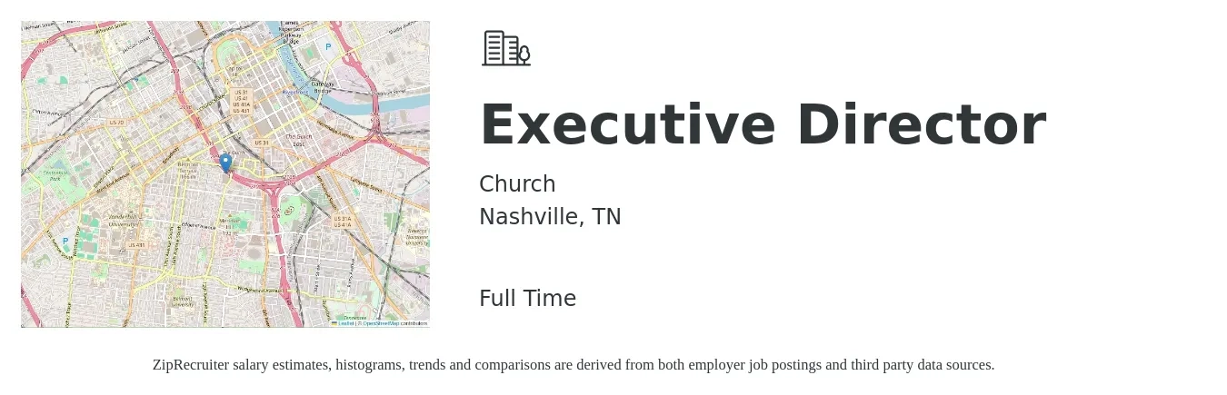 Church job posting for a Executive Director in Nashville, TN with a salary of $43,000 to $86,500 Yearly with a map of Nashville location.