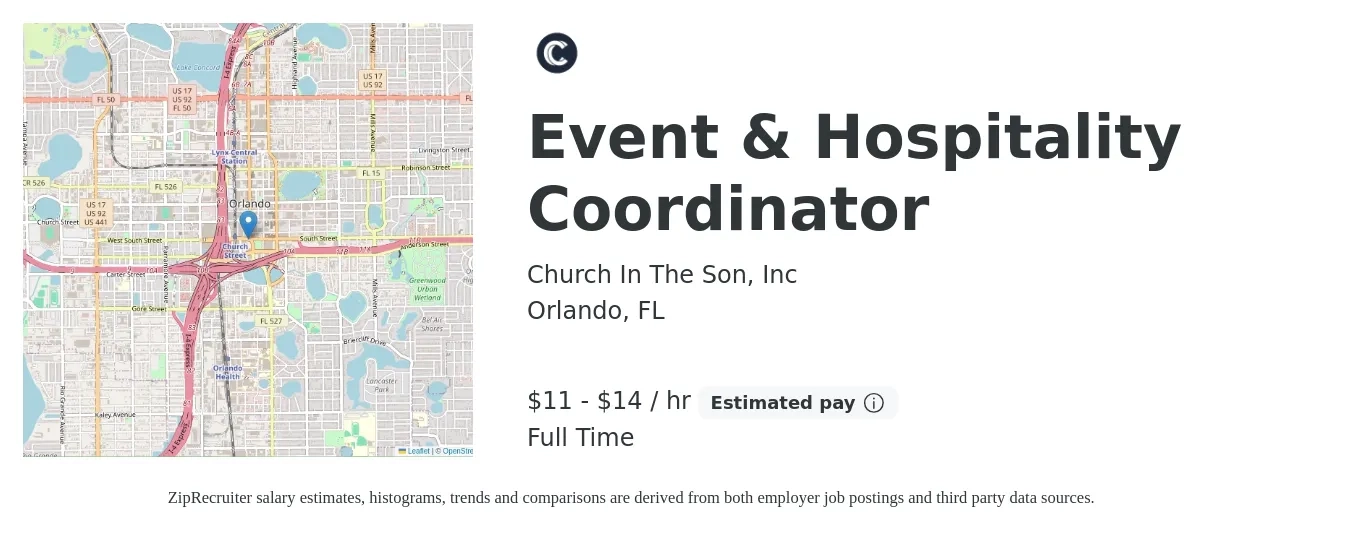 Church In The Son, Inc job posting for a Event & Hospitality Coordinator in Orlando, FL with a salary of $12 to $15 Hourly with a map of Orlando location.