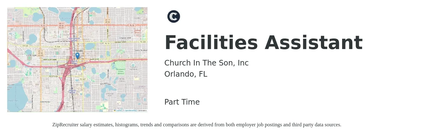 Church In The Son, Inc job posting for a Facilities Assistant in Orlando, FL with a salary of $34,900 to $43,300 Yearly with a map of Orlando location.