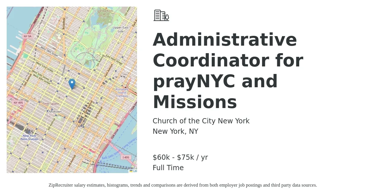 Church of the City New York job posting for a Administrative Coordinator for prayNYC and Missions in New York, NY with a salary of $60,000 to $75,000 Yearly with a map of New York location.