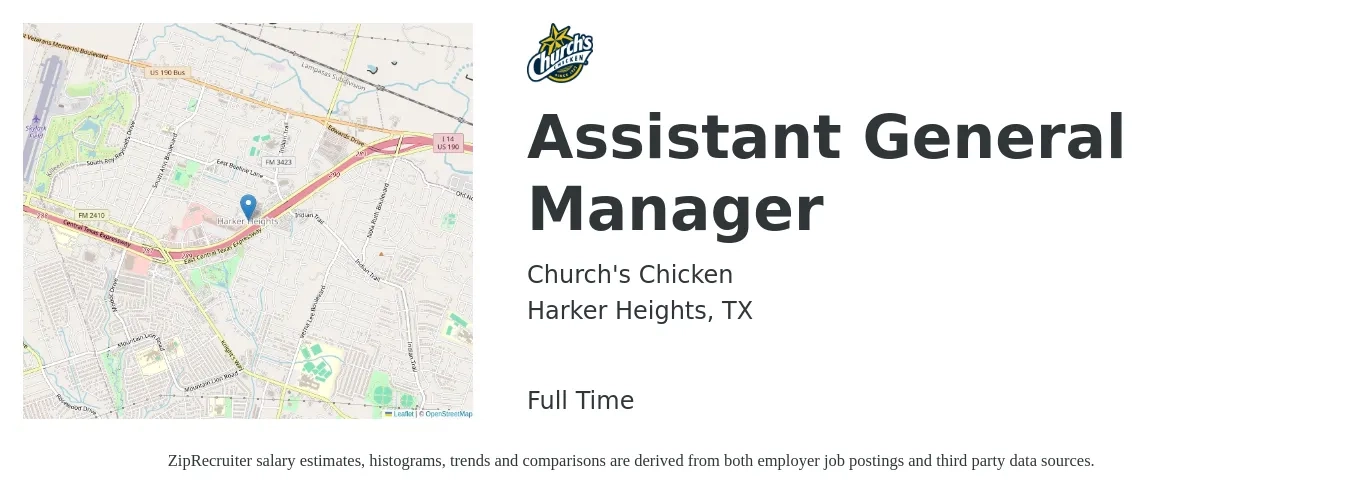 Church's Chicken job posting for a Assistant General Manager in Harker Heights, TX with a salary of $15 to $23 Hourly with a map of Harker Heights location.