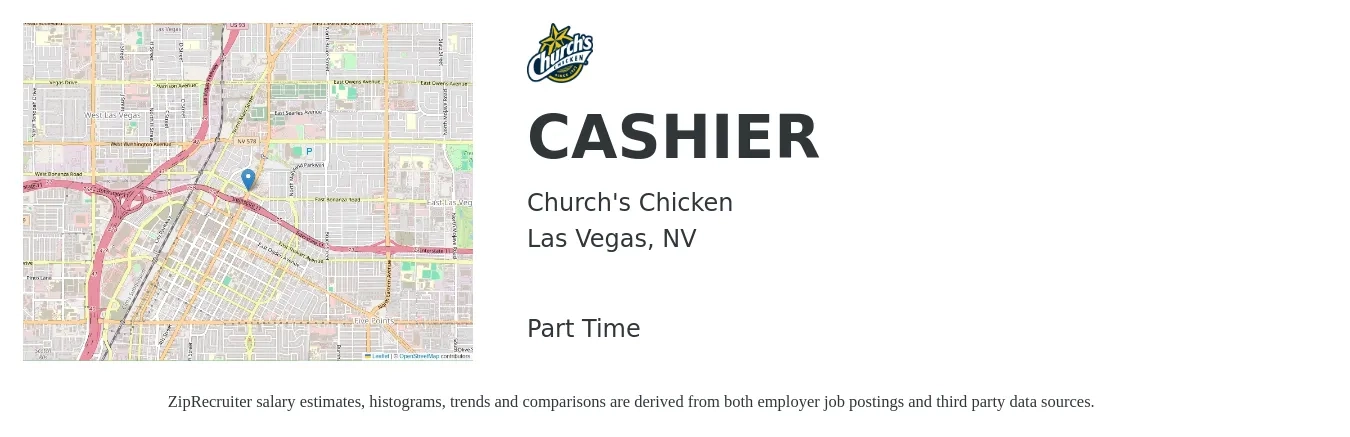 Church's Chicken job posting for a CASHIER in Las Vegas, NV with a salary of $11 to $16 Hourly with a map of Las Vegas location.