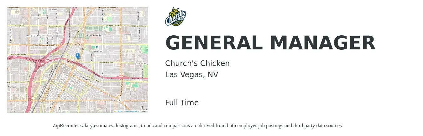Church's Chicken job posting for a GENERAL MANAGER in Las Vegas, NV with a salary of $49,100 to $73,500 Yearly with a map of Las Vegas location.