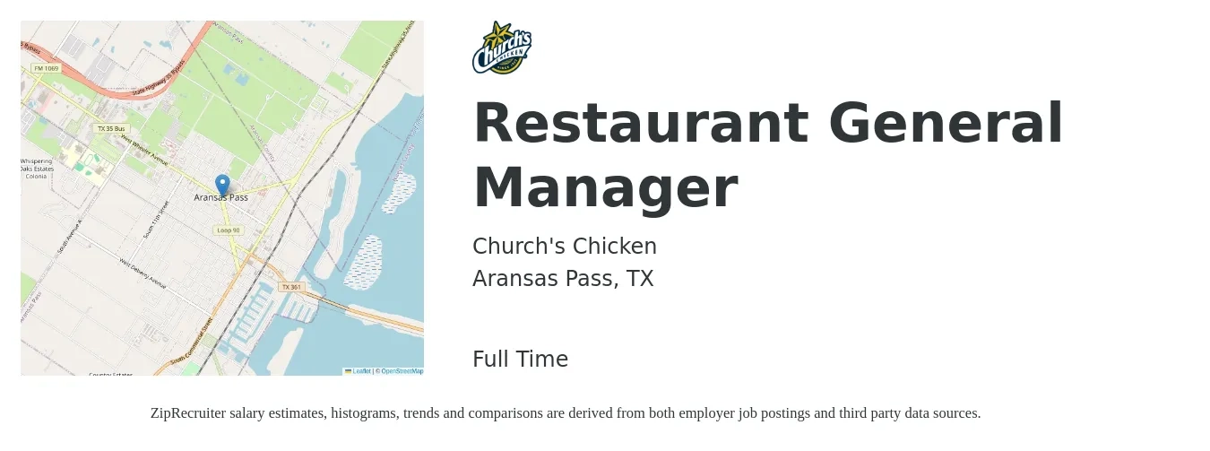 Church's Chicken job posting for a Restaurant General Manager in Aransas Pass, TX with a salary of $49,000 to $67,700 Yearly with a map of Aransas Pass location.