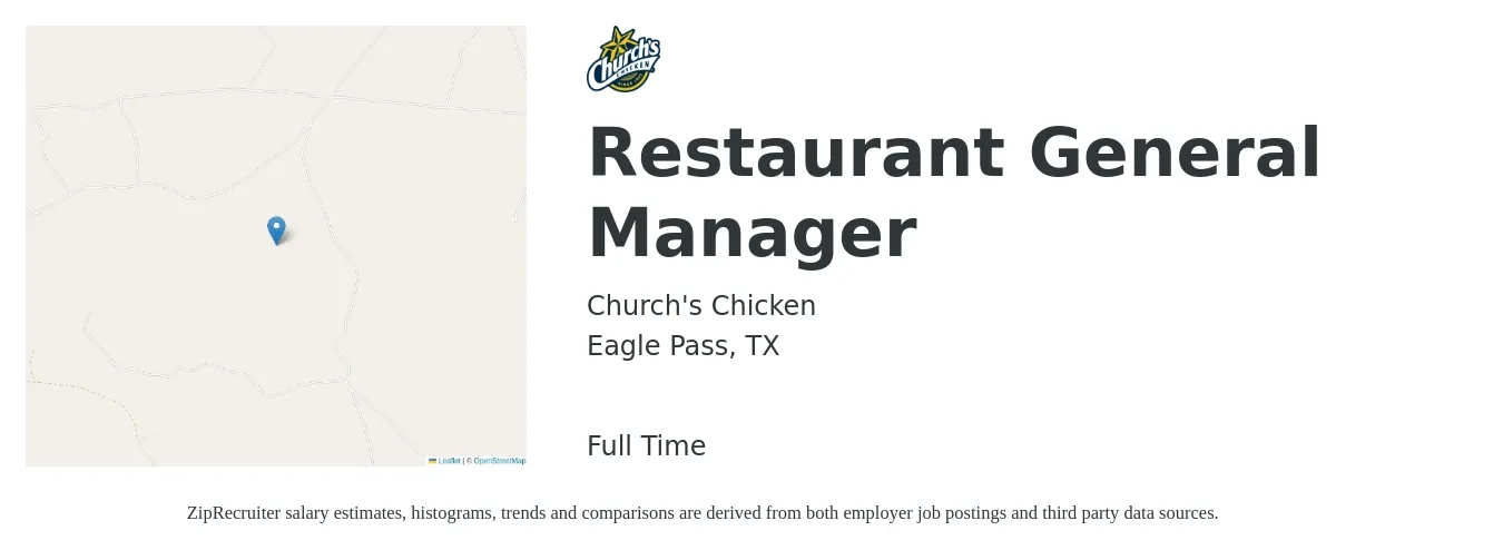 Church's Chicken job posting for a Restaurant General Manager in Eagle Pass, TX with a salary of $42,600 to $58,800 Yearly with a map of Eagle Pass location.