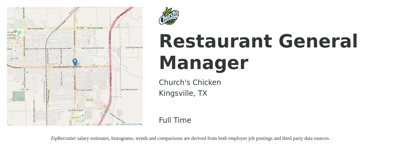 Church's Chicken job posting for a Restaurant General Manager in Kingsville, TX with a salary of $50,500 to $69,600 Yearly with a map of Kingsville location.