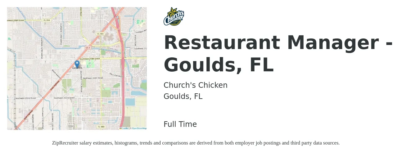 Church's Chicken job posting for a Restaurant Manager - Goulds, FL in Goulds, FL with a salary of $42,500 to $60,000 Yearly with a map of Goulds location.