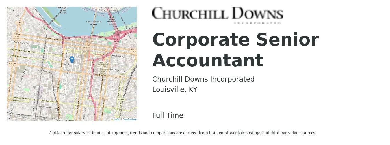 Churchill Downs Incorporated job posting for a Corporate Senior Accountant in Louisville, KY with a salary of $74,100 to $93,300 Yearly with a map of Louisville location.