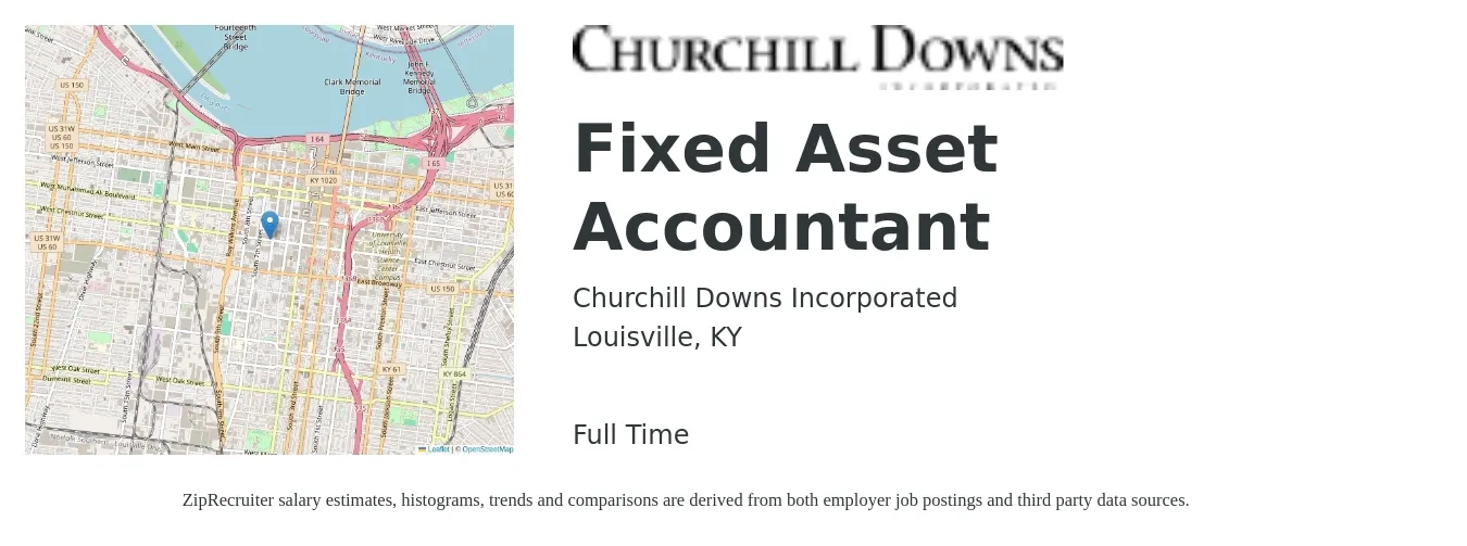 Churchill Downs Incorporated job posting for a Fixed Asset Accountant in Louisville, KY with a salary of $57,600 to $71,800 Yearly with a map of Louisville location.