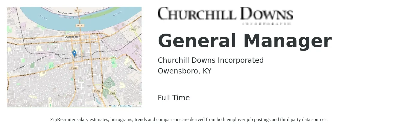 Churchill Downs Incorporated job posting for a General Manager in Owensboro, KY with a salary of $41,500 to $62,000 Yearly with a map of Owensboro location.