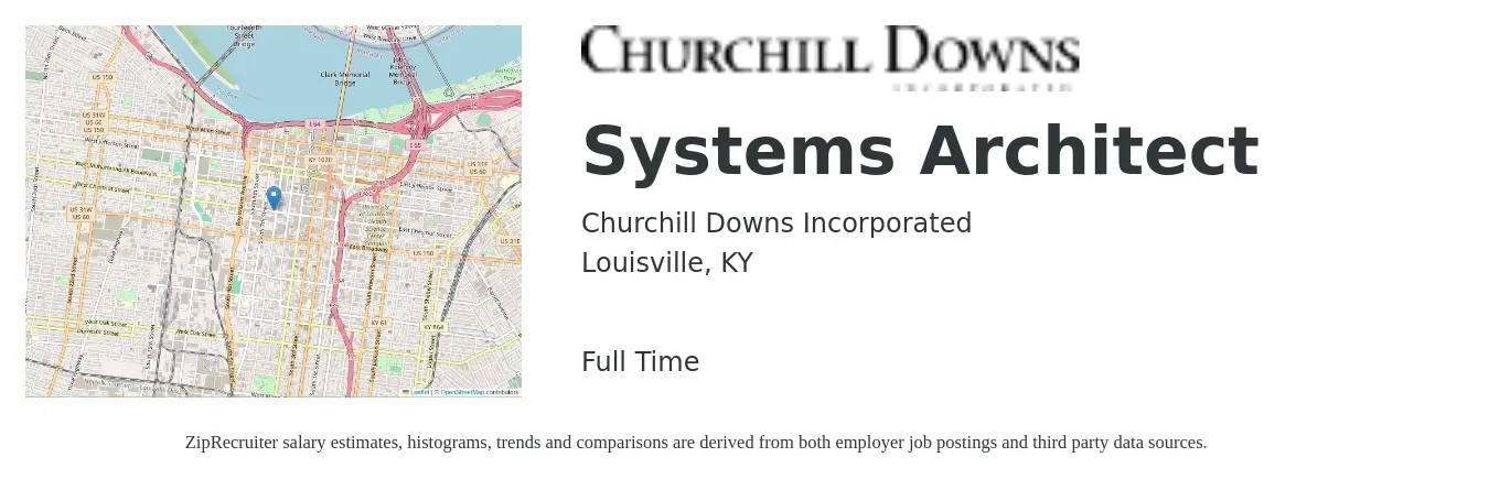 Churchill Downs Incorporated job posting for a Systems Architect in Louisville, KY with a salary of $222,400 Yearly with a map of Louisville location.