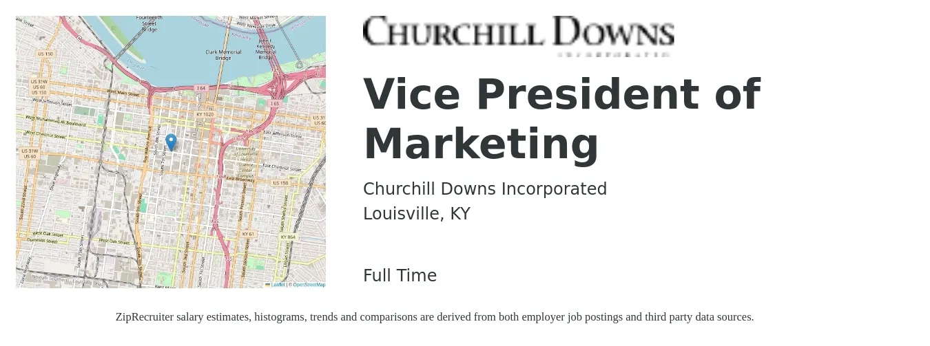 Churchill Downs Incorporated job posting for a Vice President of Marketing in Louisville, KY with a salary of $125,400 to $187,600 Yearly with a map of Louisville location.