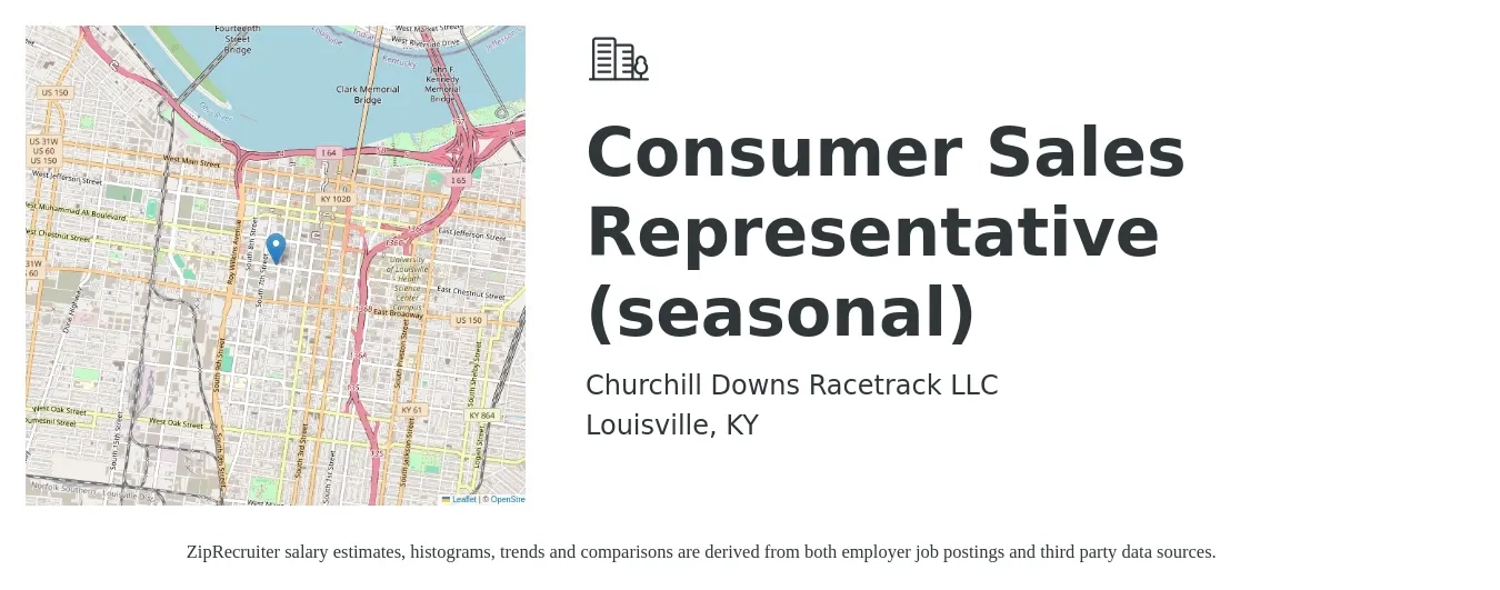 Churchill Downs Racetrack LLC job posting for a Consumer Sales Representative (seasonal) in Louisville, KY with a salary of $28,600 to $54,000 Yearly with a map of Louisville location.
