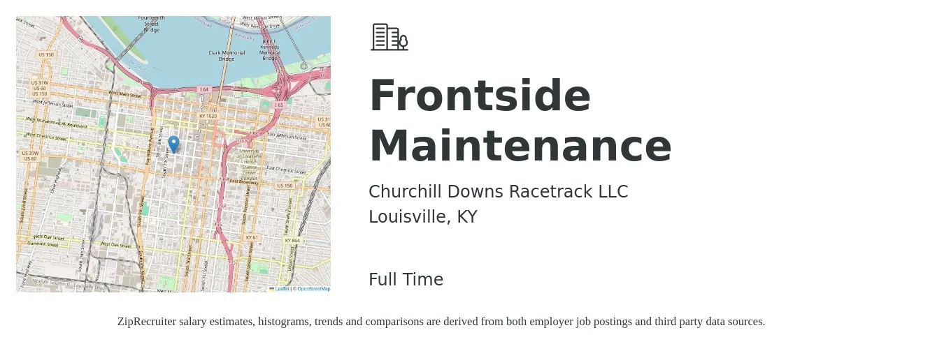 Churchill Downs Racetrack LLC job posting for a Frontside Maintenance in Louisville, KY with a salary of $22 to $36 Hourly with a map of Louisville location.