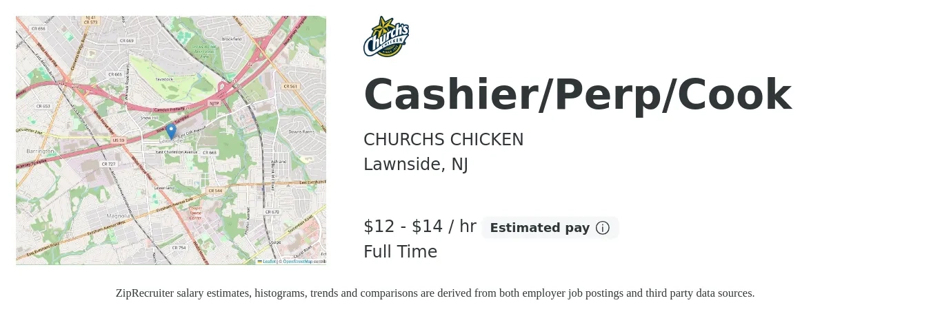 CHURCHS CHICKEN job posting for a Cashier/Perp/Cook in Lawnside, NJ with a salary of $13 to $15 Hourly with a map of Lawnside location.
