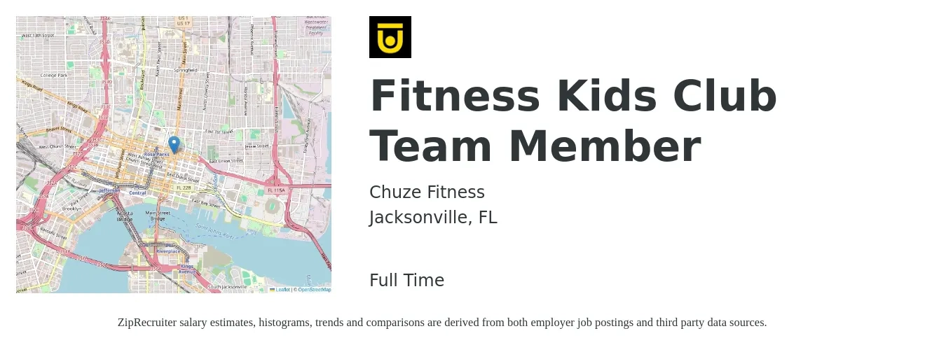 Chuze Fitness job posting for a Fitness Kids Club Team Member in Jacksonville, FL with a salary of $13 Hourly with a map of Jacksonville location.