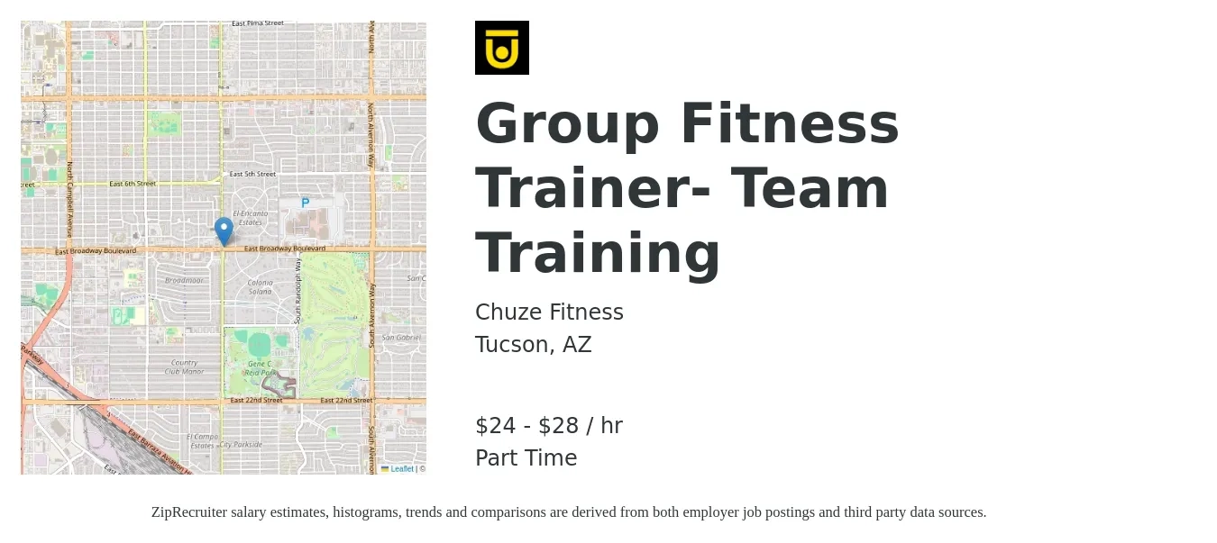 Chuze Fitness job posting for a Group Fitness Trainer- Team Training in Tucson, AZ with a salary of $25 to $30 Hourly with a map of Tucson location.