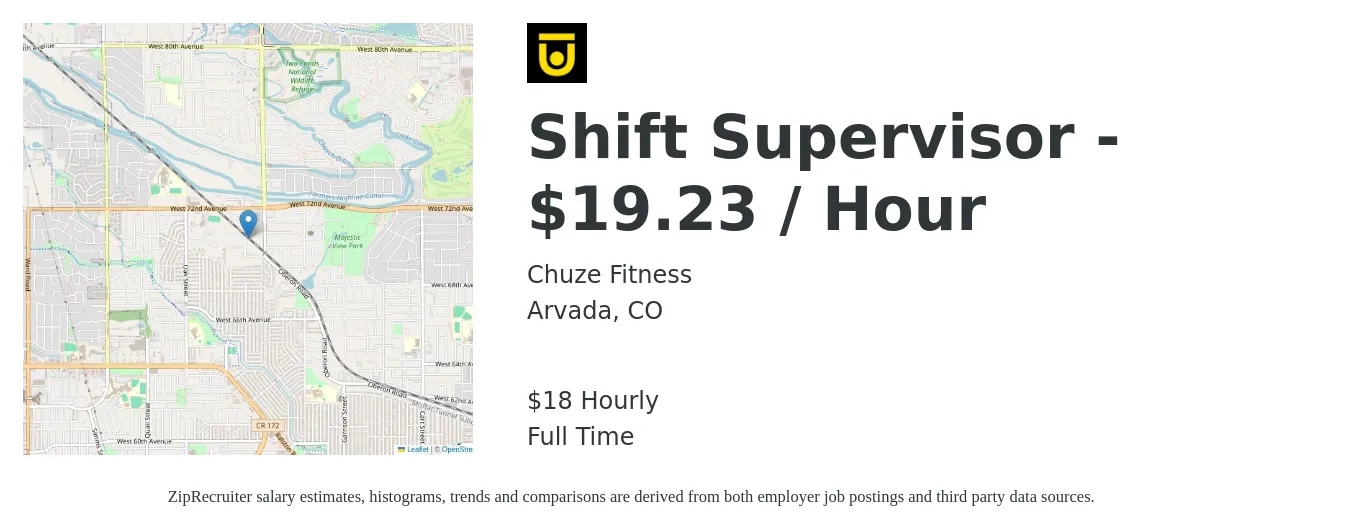 Chuze Fitness job posting for a Shift Supervisor - $19.23 / Hour in Arvada, CO with a salary of $19 Hourly with a map of Arvada location.