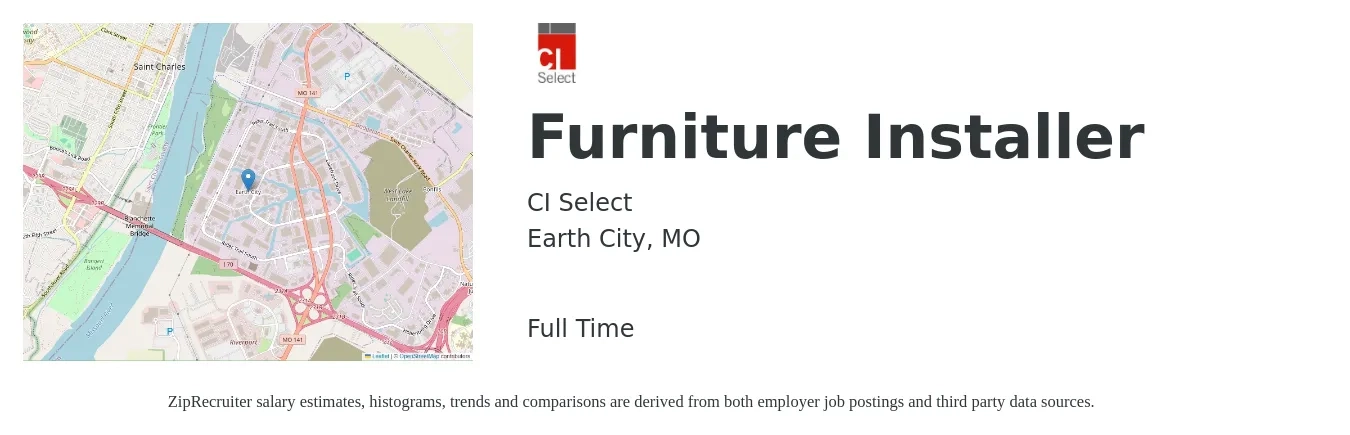 CI Select job posting for a Furniture Installer in Earth City, MO with a salary of $16 to $21 Hourly with a map of Earth City location.