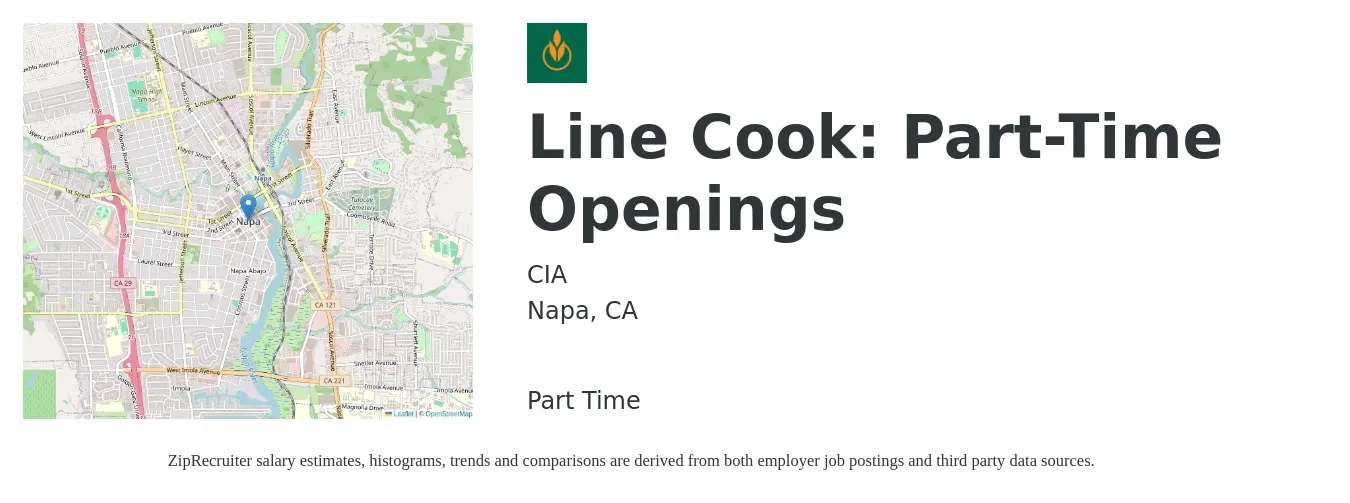 CIA job posting for a Line Cook: Part-Time Openings in Napa, CA with a salary of $20 to $26 Hourly with a map of Napa location.