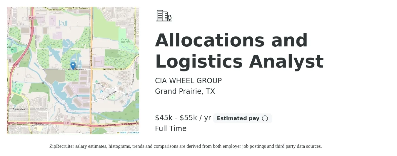 CIA WHEEL GROUP job posting for a Allocations and Logistics Analyst in Grand Prairie, TX with a salary of $45,000 to $55,000 Yearly with a map of Grand Prairie location.