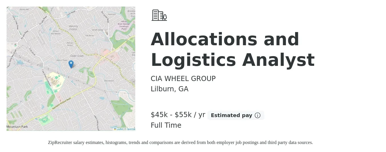 CIA WHEEL GROUP job posting for a Allocations and Logistics Analyst in Lilburn, GA with a salary of $45,000 to $55,000 Yearly with a map of Lilburn location.