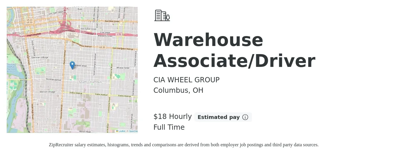 CIA WHEEL GROUP job posting for a Warehouse Associate/Driver in Columbus, OH with a salary of $19 Hourly with a map of Columbus location.